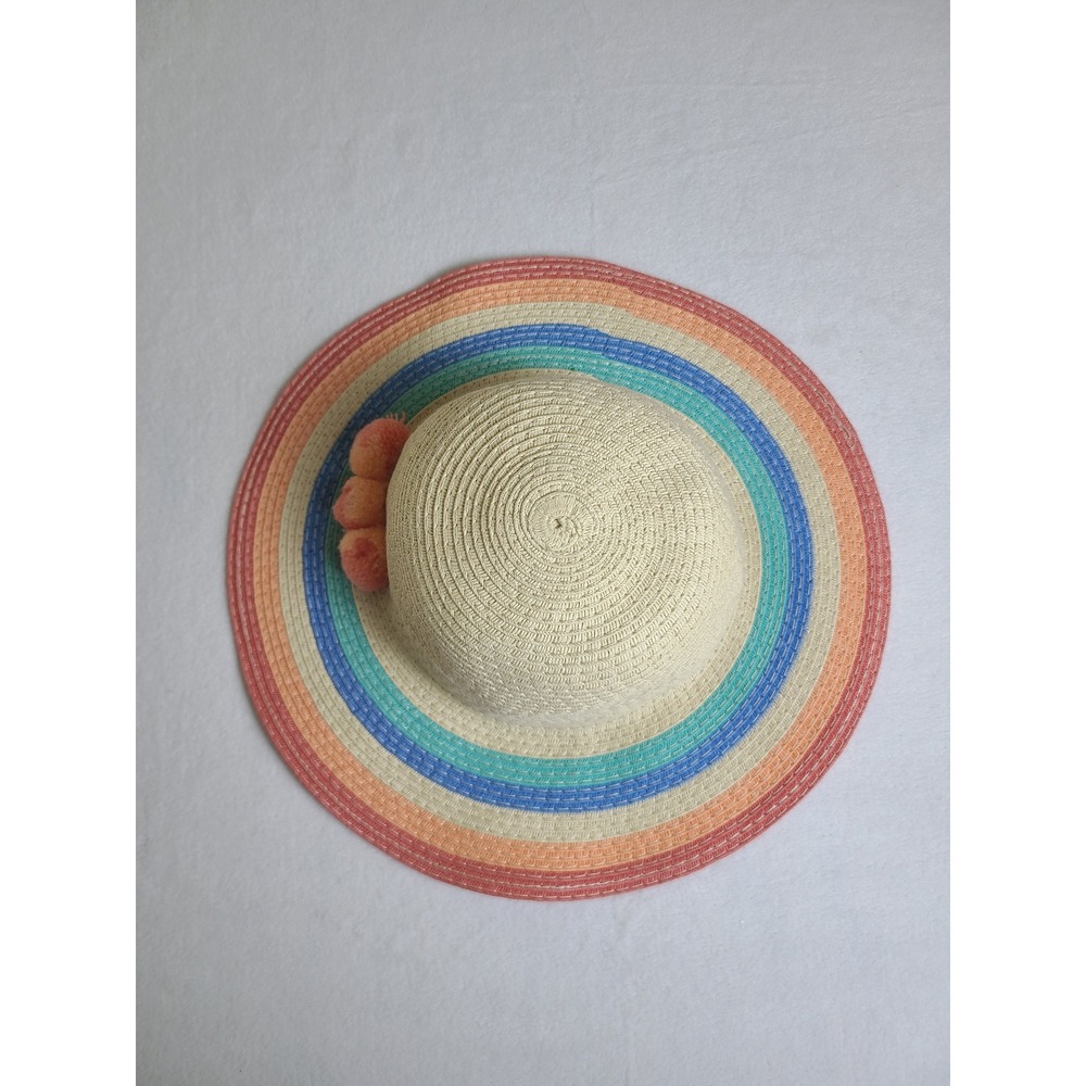 Sun Hat Wm OS Beige Rainbow Stripe Pom Pom Woven Straw Beach Hat Boho Beach Euro